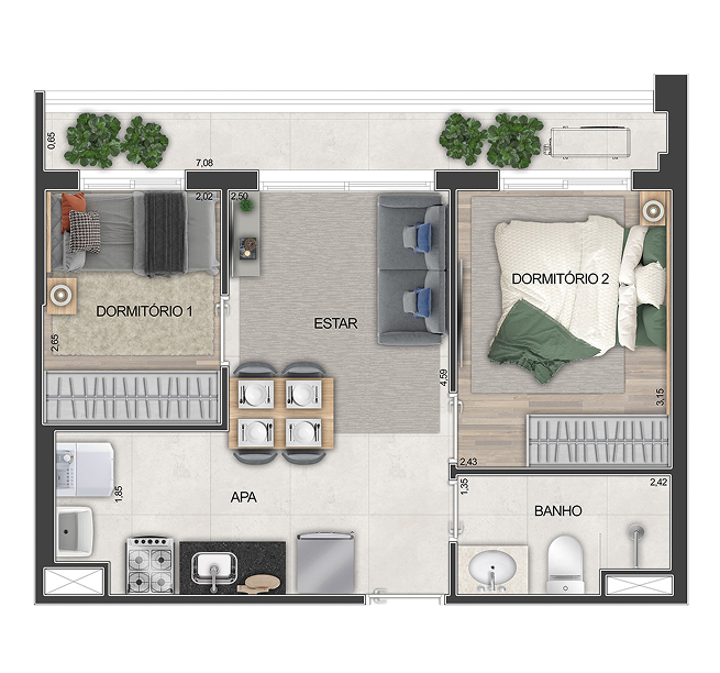2 Dorms. 43,26 M² - TIPO 1